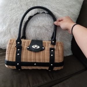 Straw and black faux leather satchel